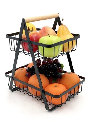 Dwupoziomowy Metalowy KOSZ NA OWOCE - Elegancki Koszyk CZARNY loft