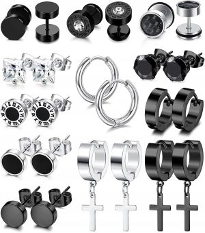 Zestaw 12 Par Męskich Kolczyków | 8 mm ze Stali Nierdzewnej | Srebrne