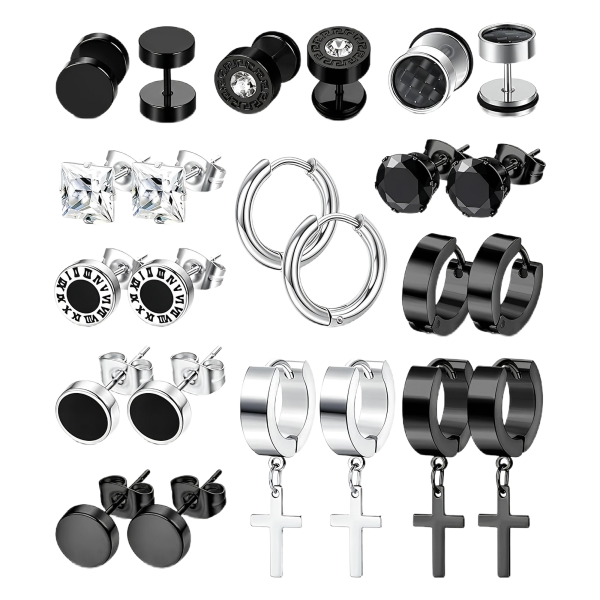 Zestaw 12 Par Męskich Kolczyków | 8 mm ze Stali Nierdzewnej | Srebrne