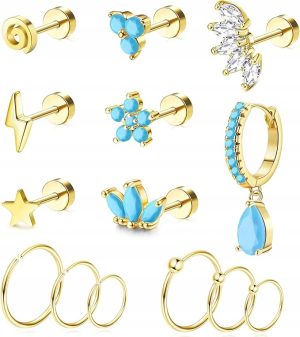 Kolczyki Tragus Chrząstka Stal Chirurgiczna Turkus Zestaw 14 szt. 16G