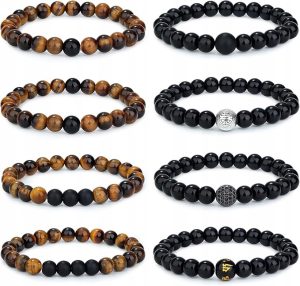 Męskie Bransoletki 8 mm: Lawa | Tygrysie Oko | Czakra| Elastyczne | 8 szt.