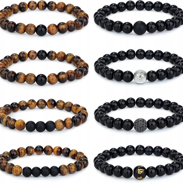 Męskie Bransoletki 8 mm: Lawa | Tygrysie Oko | Czakra| Elastyczne | 8 szt.