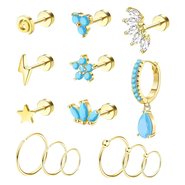 Kolczyki Tragus Chrząstka Stal Chirurgiczna Turkus Zestaw 14 szt. 16G
