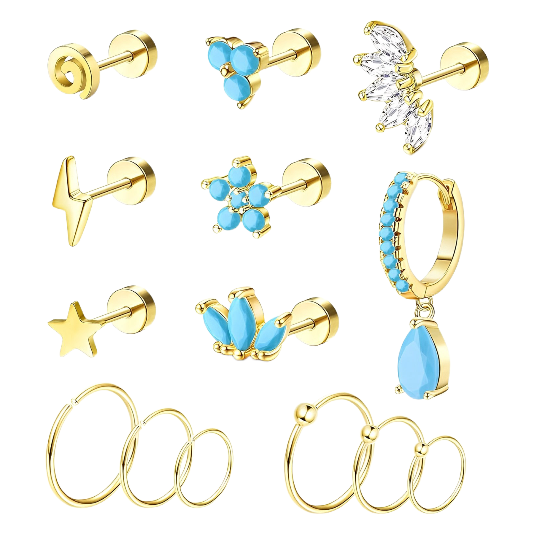 Kolczyki Tragus Chrząstka Stal Chirurgiczna Turkus Zestaw 14 szt. 16G