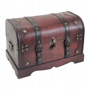 DREWNIANA SKRZYNIA NA SKARBY Z ZAMKIEM | DUŻA | BRĄZOWA | 40 x 23 x 27 cm