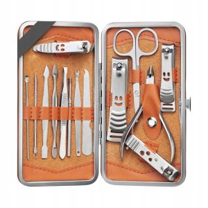 Podróżny Zestaw Do Manicure i Pedicure 14 Elementów Ze Stali Skórzane Etui