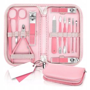 Zestaw do Manicure 12 w 1 - Pielęgnacja Paznokci różowe etui podróżne
