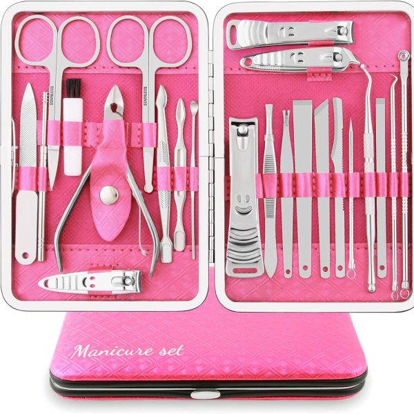 Profesjonalny zestaw do manicure i pedicure, 23 szt. ze stali, różowe etui