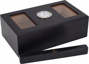 GERMANUS Przenośny humidor podróżny, czarny, nawilżacz, higrometr