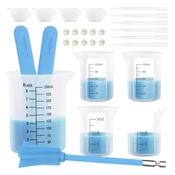 Silikonowe miarki do żywicy 250ml i 100m, patyczki i akcesoria do mieszania