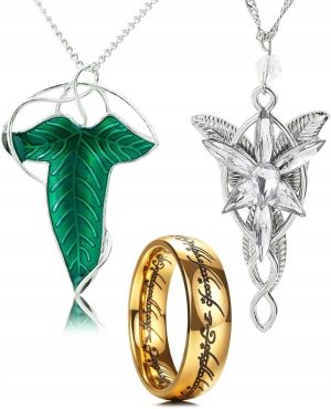 3x łańcuszki pozłacane stal szlachetna + pierścionek Arwen Evenstar