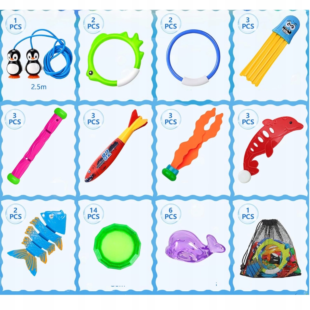 Zestaw 43 Zabawek do Nurkowania w Basenie dla Dzieci Kolorowe Pierścienie - obrazek 3