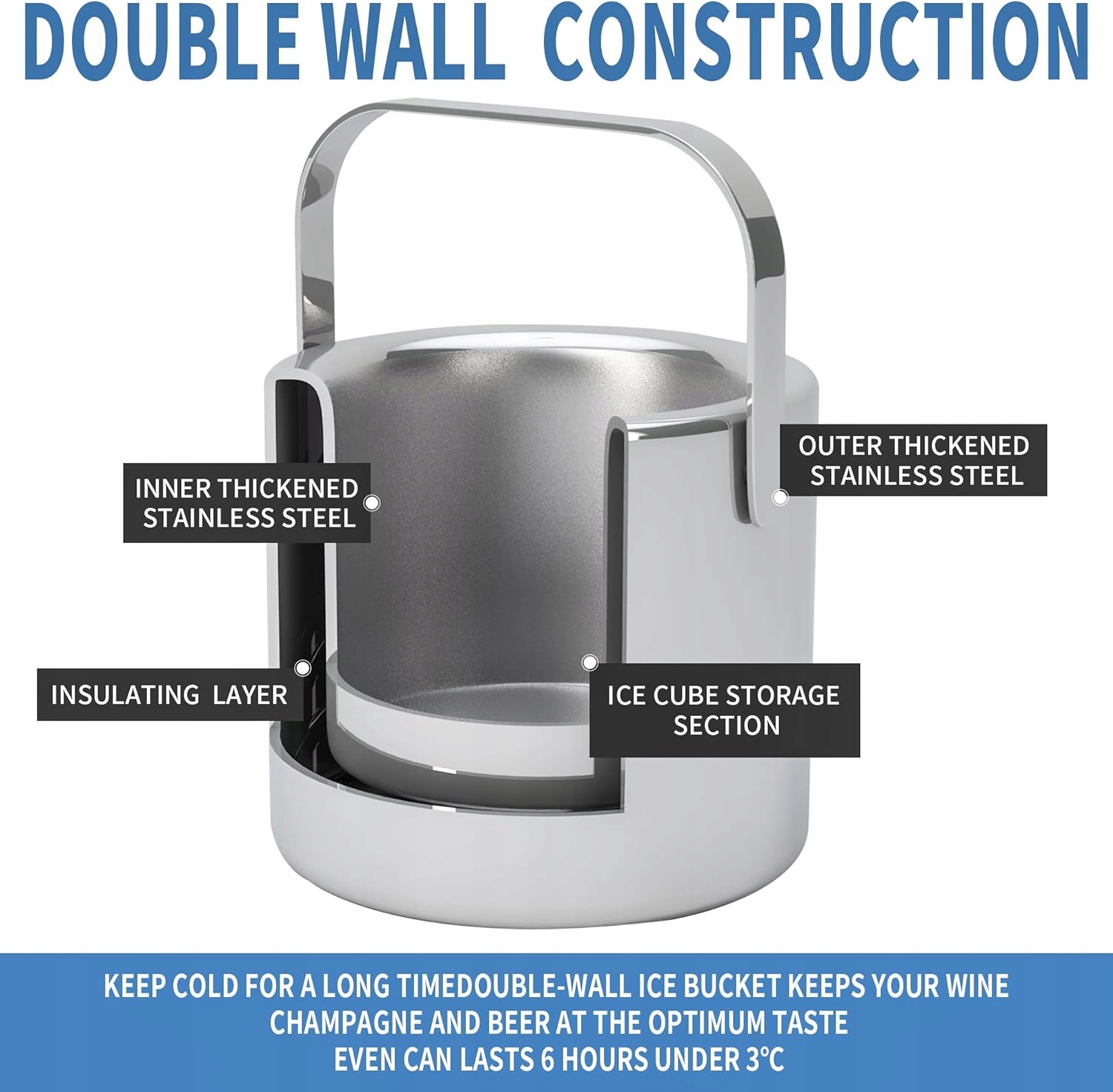 POJEMNIK WIADRO NA LÓD ZE STALI NIERDZEWNEJ 3L MISKA NA KOSTKI LODU SZAMPAN - obrazek 5