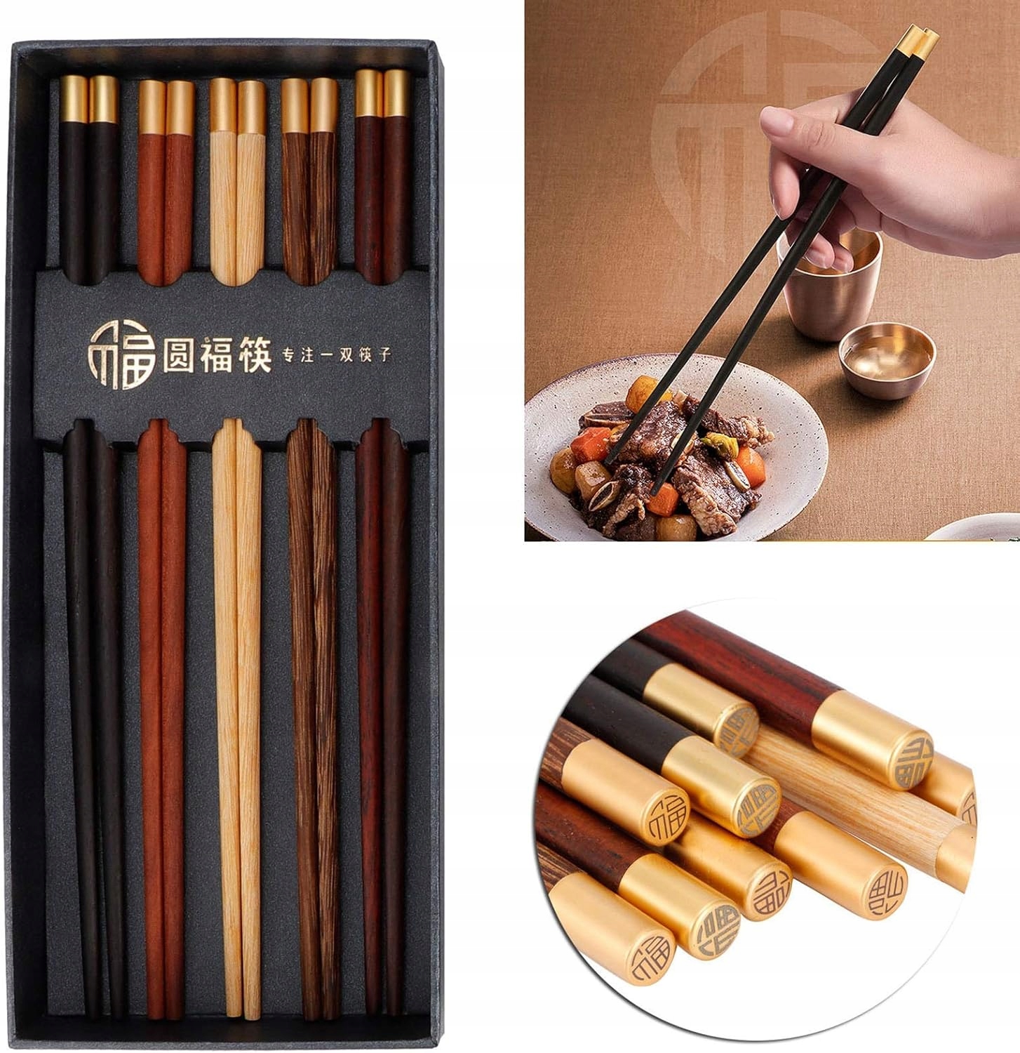 Zestaw 5 Par Japońskich Pałeczek Drewnianych Wielokrotnego Użytku, Lekkie - obrazek 6
