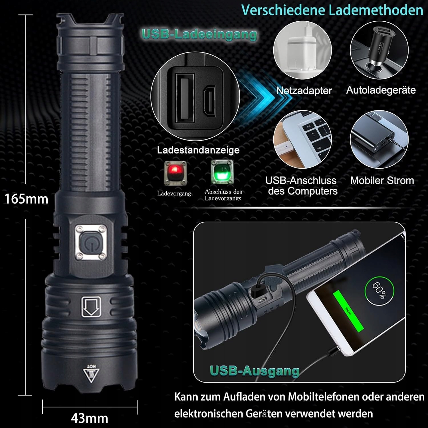 LATARKA LED + MOCNA WODOODPORNA SZPERACZ | USB AKMULATOR LAMPA PRO 1500 lm - obrazek 6