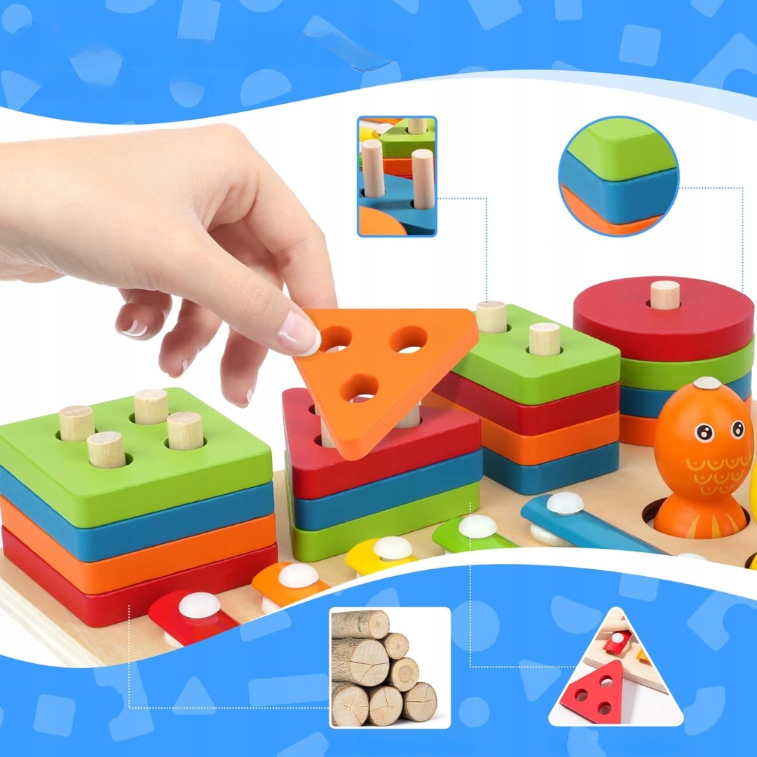 Drewniana Zabawka Montessori 3w1 od 1 roku Ksylofon Układanka Wędka - obrazek 5