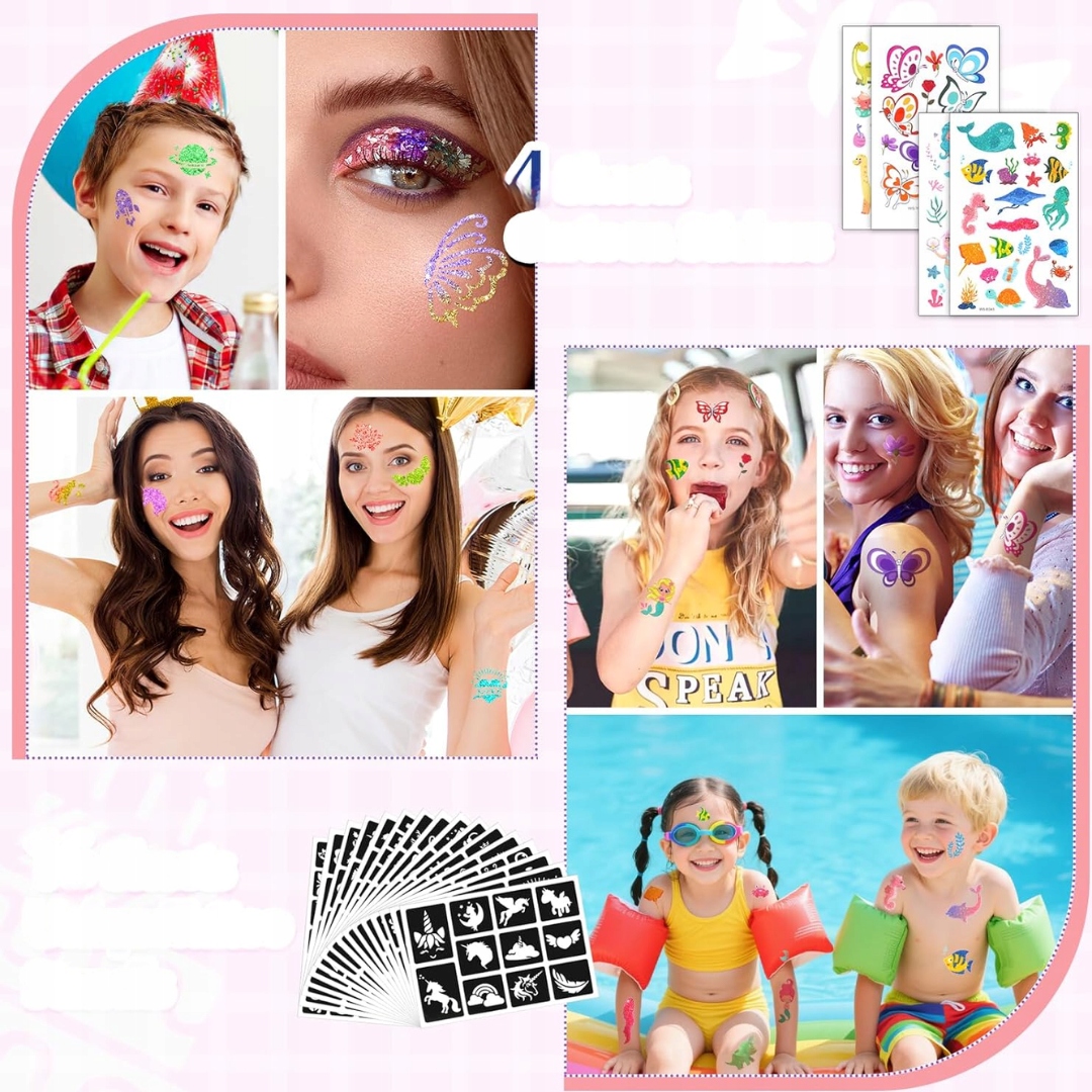 Zestaw Brokatowych Tatuaży Dla Dziewczynek 36 Kolorów 220 Szablonów 3 kleje - obrazek 5