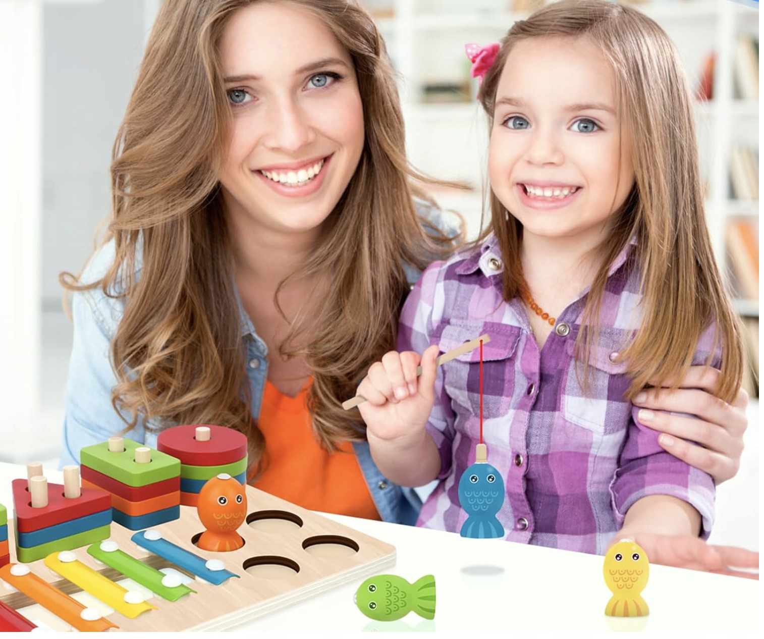 Drewniana Zabawka Montessori 3w1 od 1 roku Ksylofon Układanka Wędka - obrazek 3