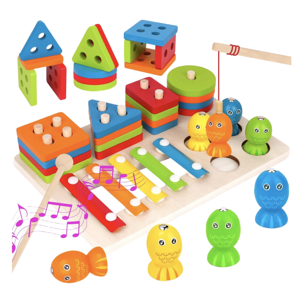 Drewniana Zabawka Montessori 3w1 od 1 roku Ksylofon Układanka Wędka