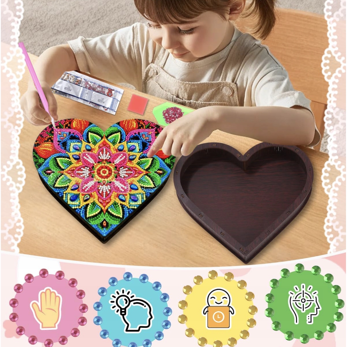 Zestaw 5D Malowanie Po Diamentach Drewniana Szkatułka na Biżuterię Mandala - obrazek 2