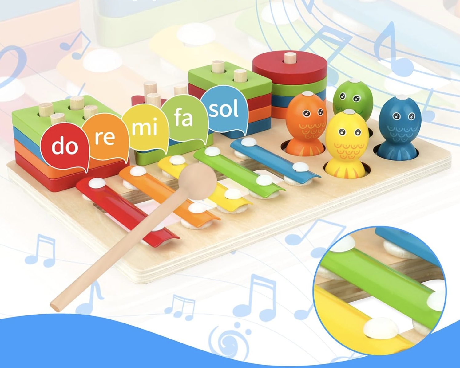 Drewniana Zabawka Montessori 3w1 od 1 roku Ksylofon Układanka Wędka - obrazek 2