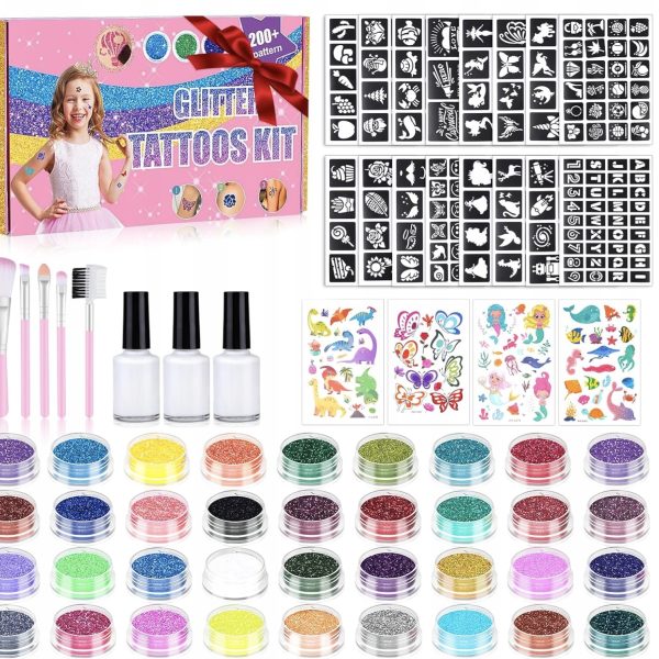 Zestaw Brokatowych Tatuaży Dla Dziewczynek 36 Kolorów 220 Szablonów 3 kleje