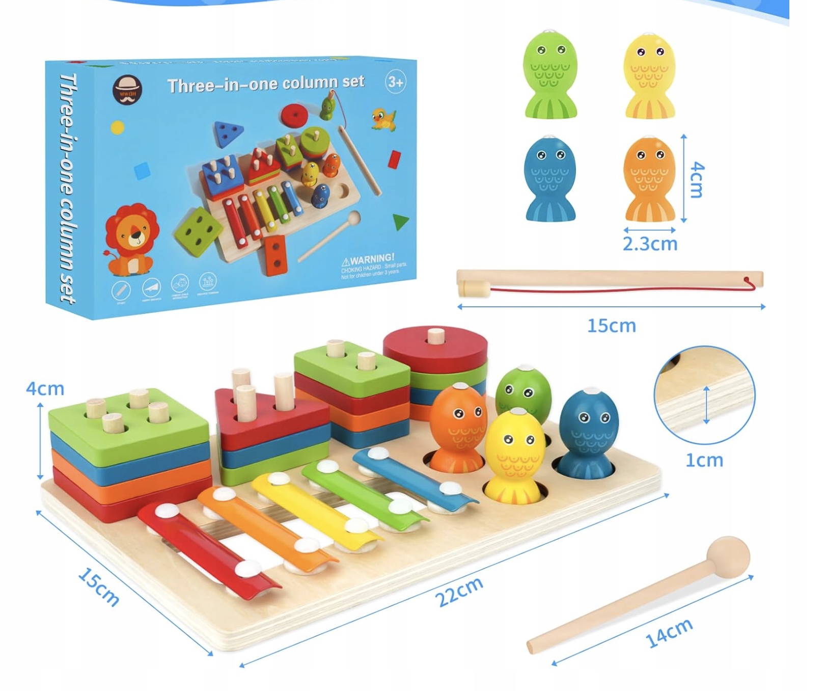 Drewniana Zabawka Montessori 3w1 od 1 roku Ksylofon Układanka Wędka - obrazek 4