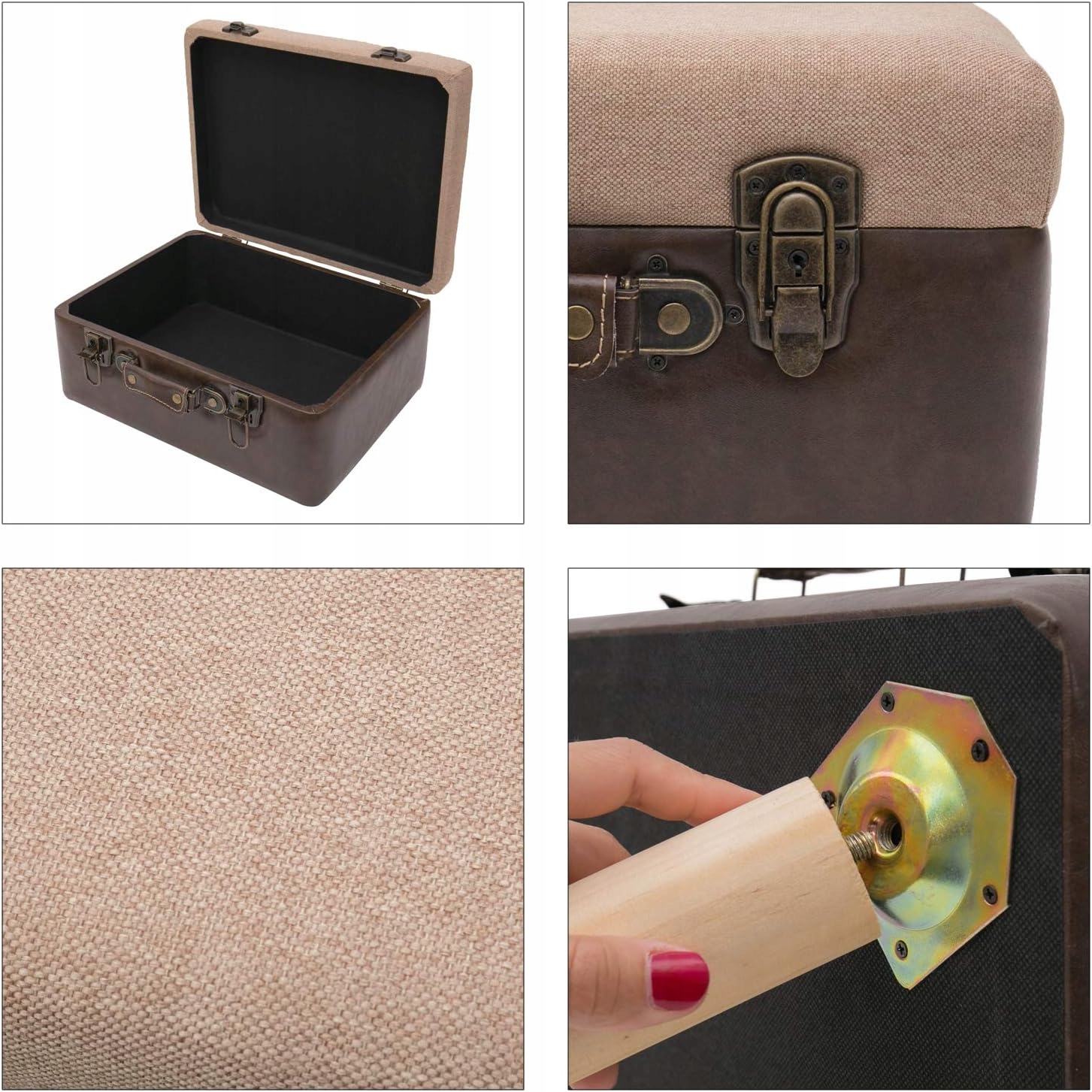 STOŁEK W STYLU VINTAGE | Z DREWNIANYM MIEJSCE DO PRZECHOWYWANIA | BRĄZOWE - obrazek 9