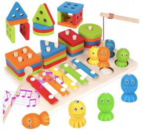 Drewniana Zabawka Montessori 3w1 od 1 roku Ksylofon Układanka Wędka