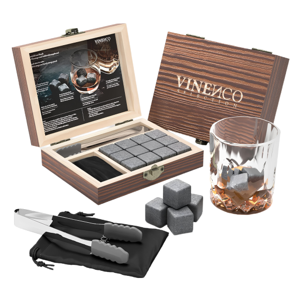 Zestaw 12 Kamieni Whisky Woreczek Szczypce Chłodzenie Whisky Szary Granit