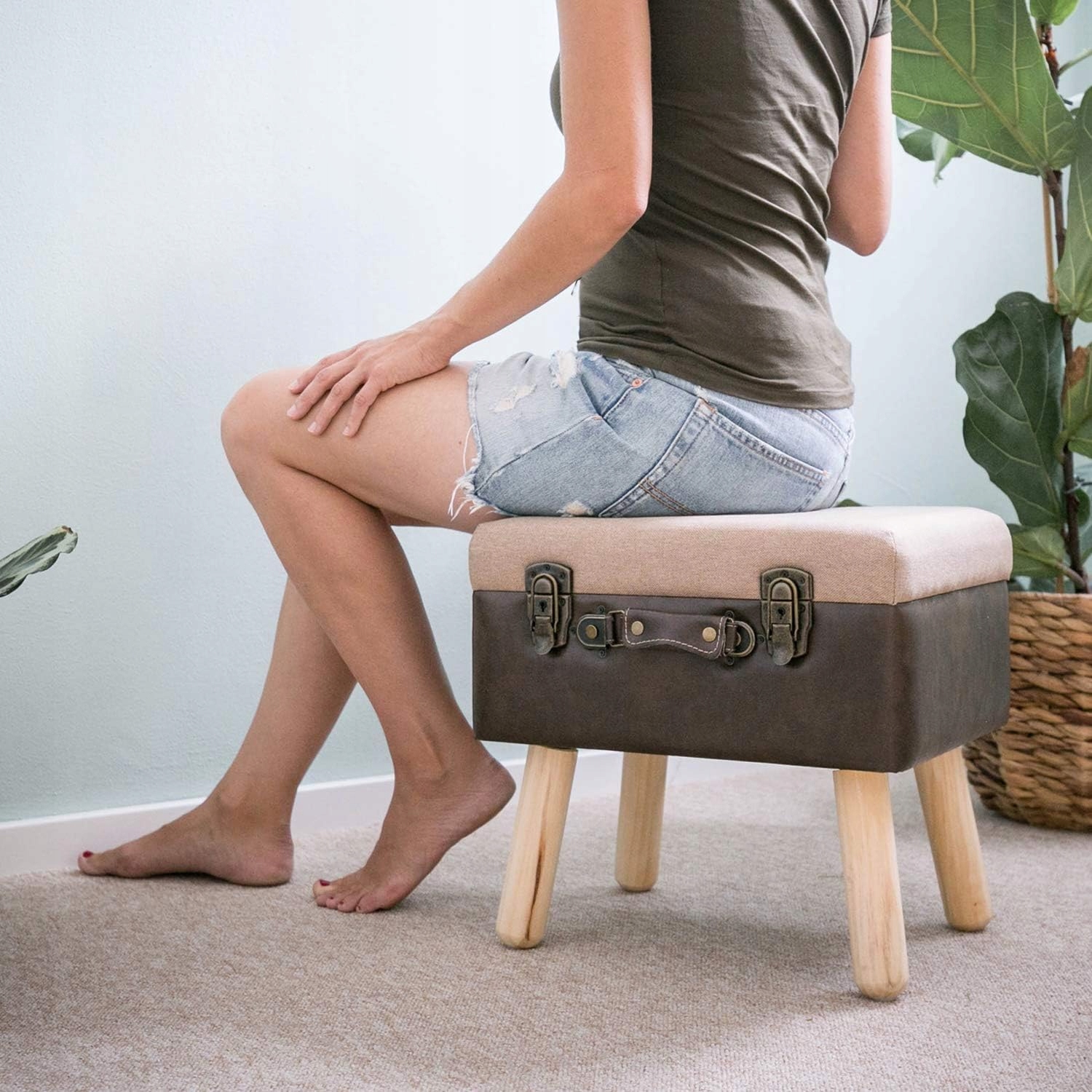 STOŁEK W STYLU VINTAGE | Z DREWNIANYM MIEJSCE DO PRZECHOWYWANIA | BRĄZOWE - obrazek 13